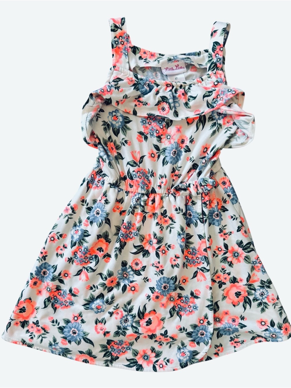 Little Lass White Floral Sleeveless Dress with Coral and Blue Flowers